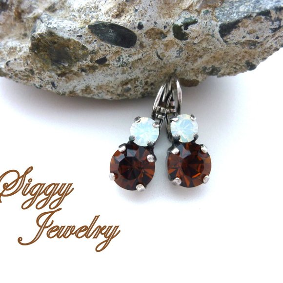 Swarovski Crystal Double Drop Lever Back Earrings in Smoked Topaz and White Opal - Picture 4 of 5